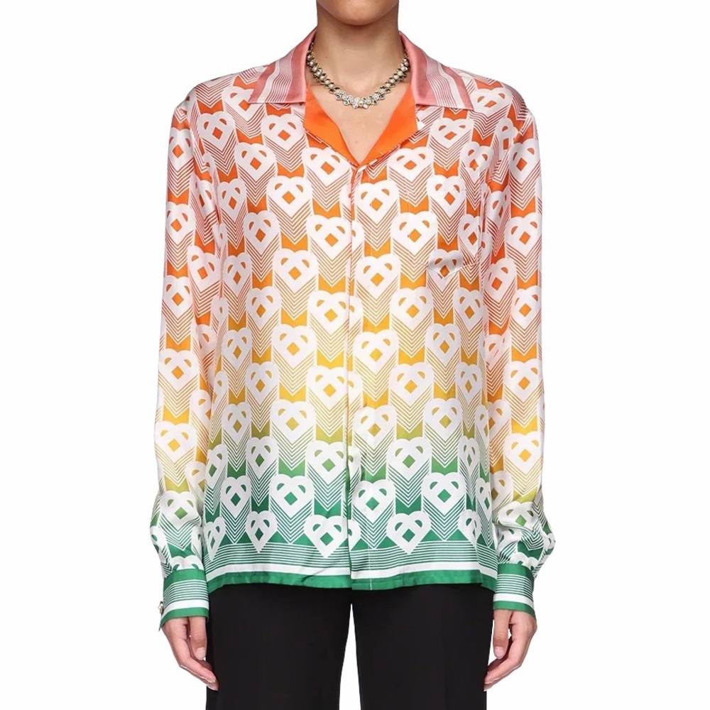 NEW Casablanca Tennis Club Gradient Heart Monogram Logo Silk Shirt Rainbow XXS